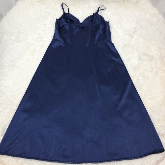Vintage Vanity Fair Size 34 L Navy Blue Lace Trimmed Silky Satin Full Slip Dress - Picture 2 of 9